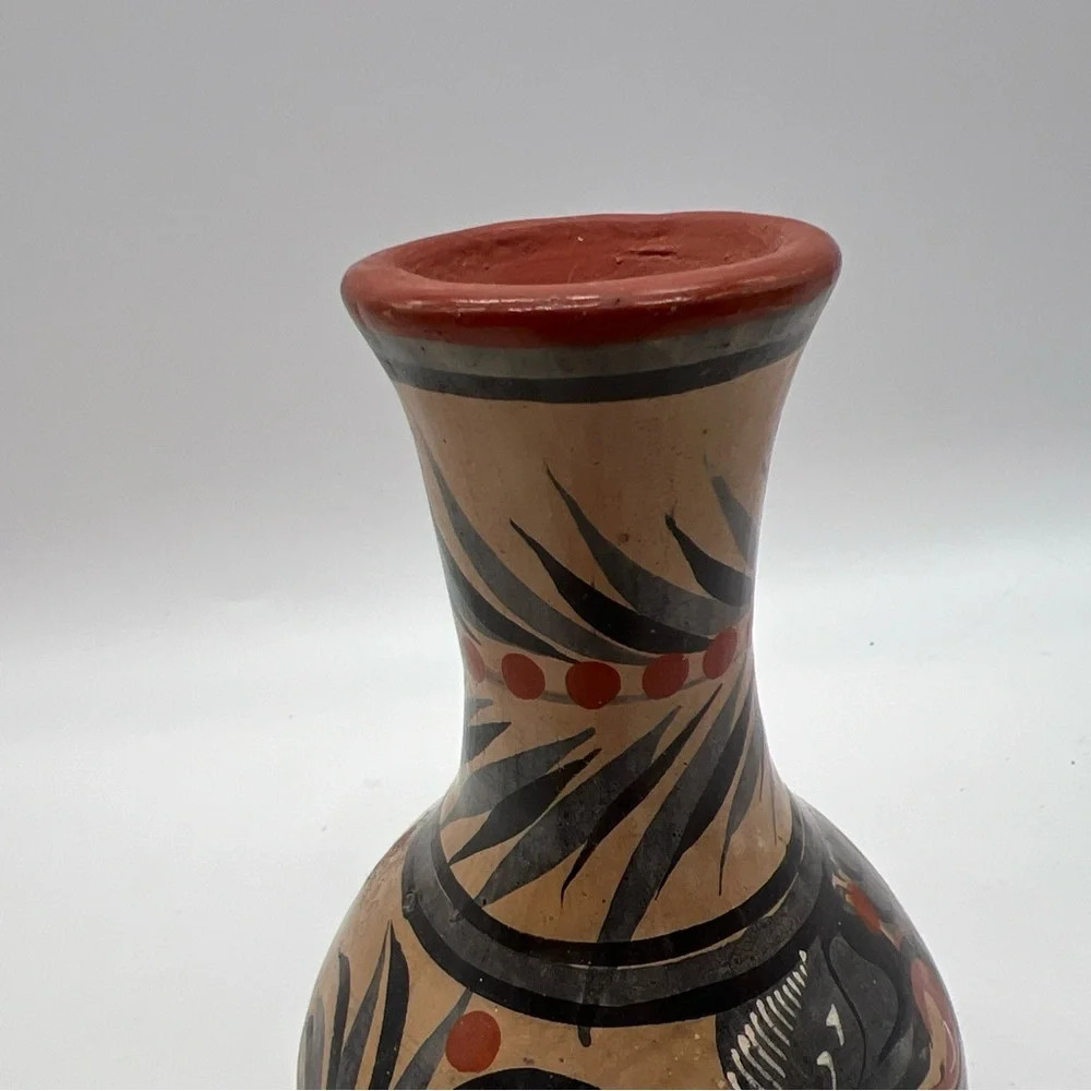 Mexican Made Tonala Vase Foral Coral Gray Color Artisan Ethnic Handmade Painted